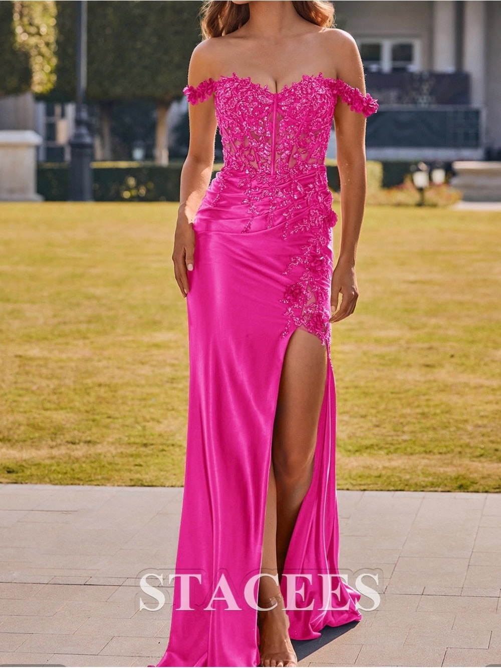 Stacees Hot Pink Off-Shoulder Lace Appliqué Prom Dress with Thigh Slit